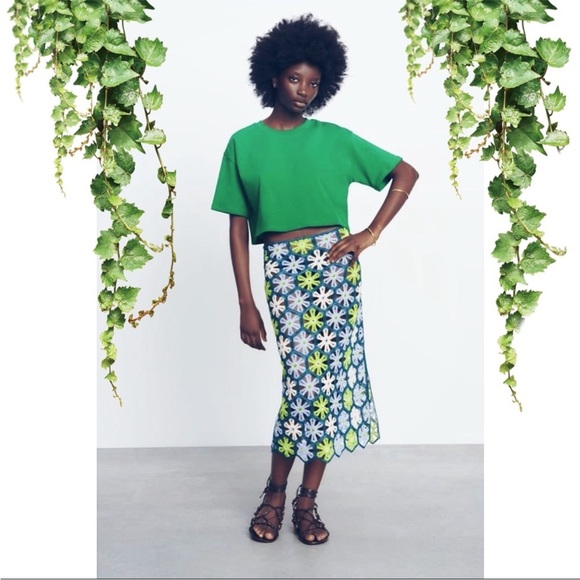 Rare Zara Crochet Knit Floral Midi Skirt Blue Green Large